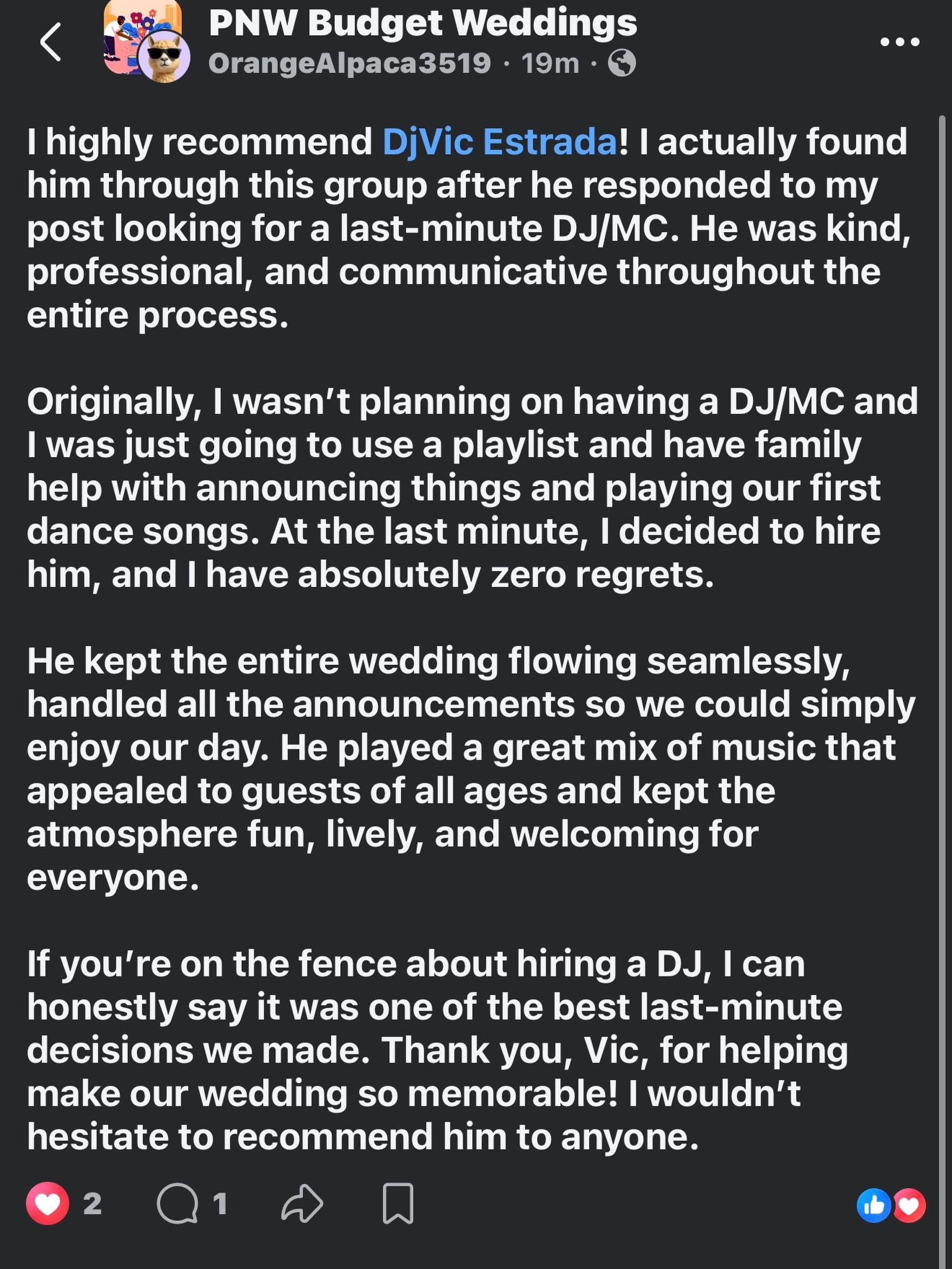 Client review of DJ Vic